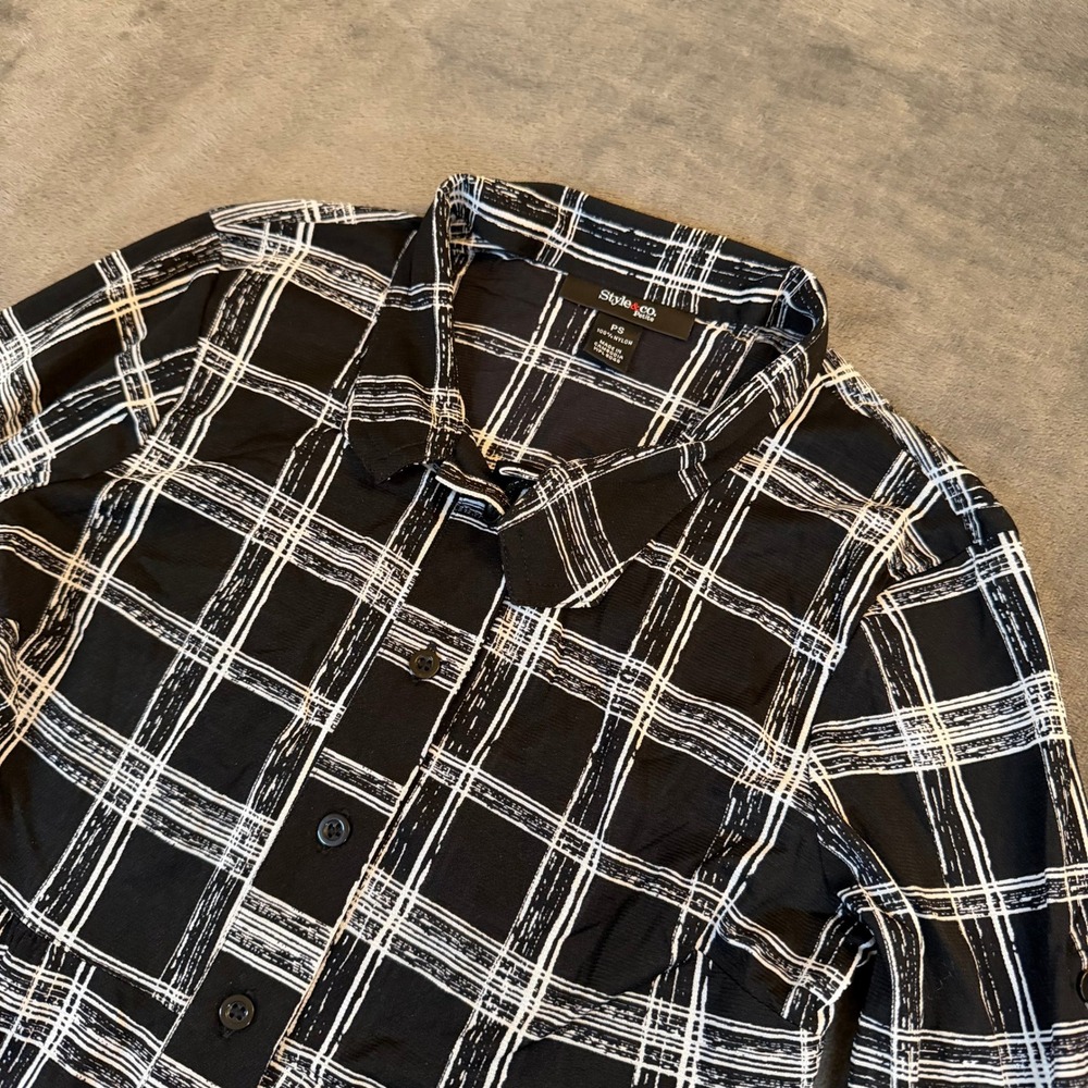 Style & Co Petite Tunic‎ Blouse Womens Petite Small Black White Plaid Button Up
